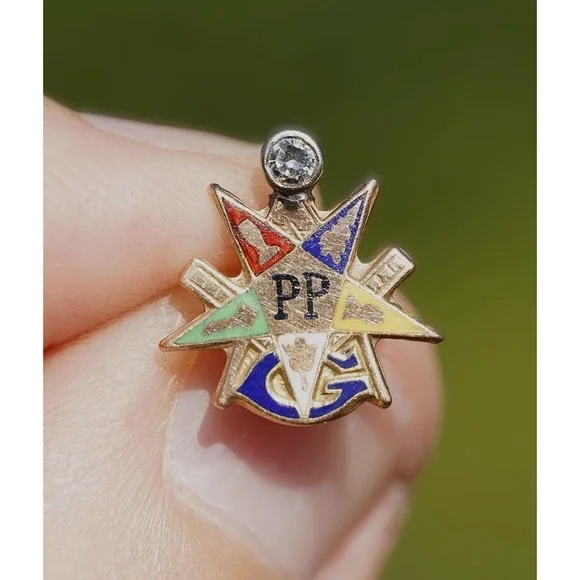 Vintage 10k Solid Gold‎ Past Patron Order of The Eastern Star Diamond Pin Enamel